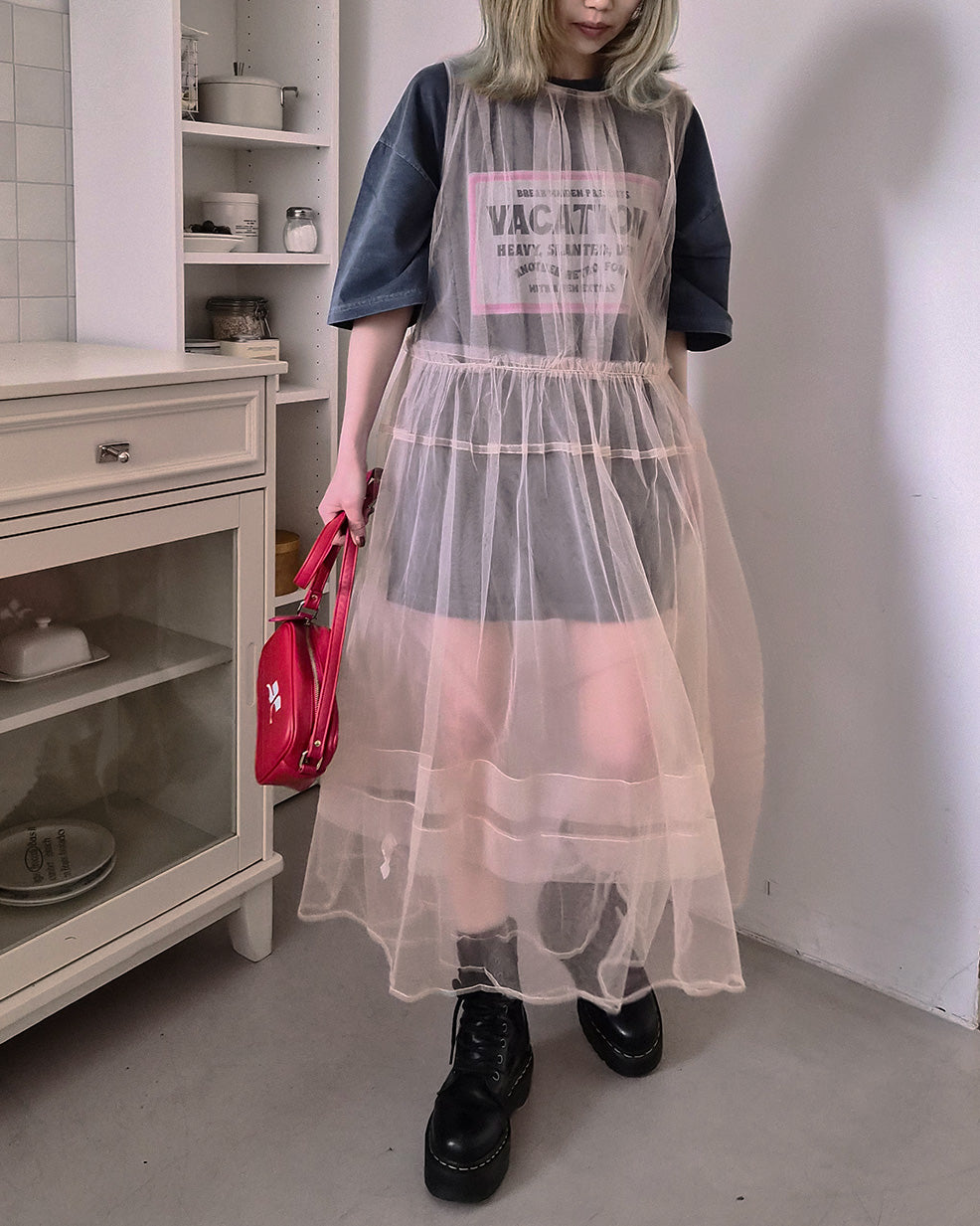 sheer layered waist frill tulle dress