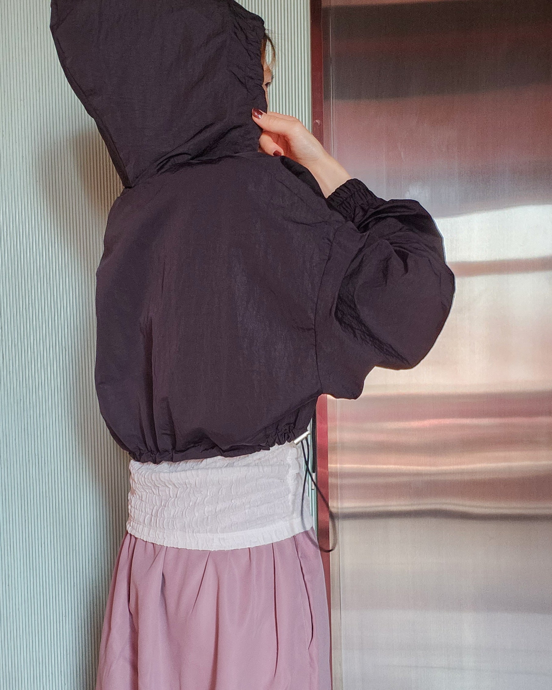 shirring bolero hood nylon blouson