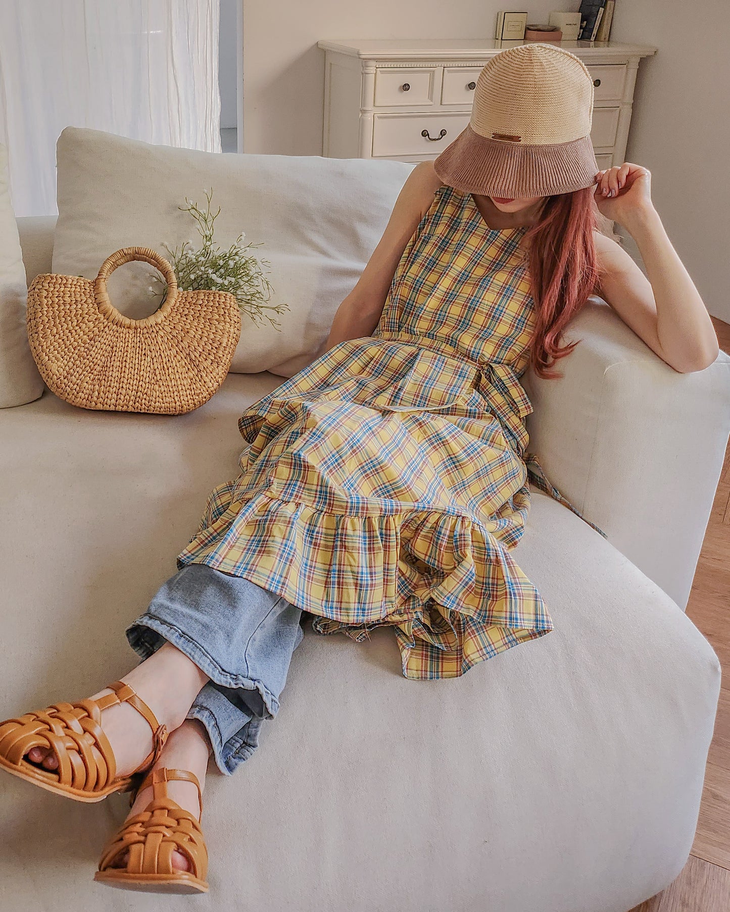 check frill belt long dress