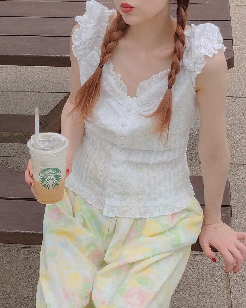 cotton lace frill sleeve less blouse