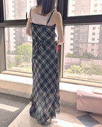 check frill long dress