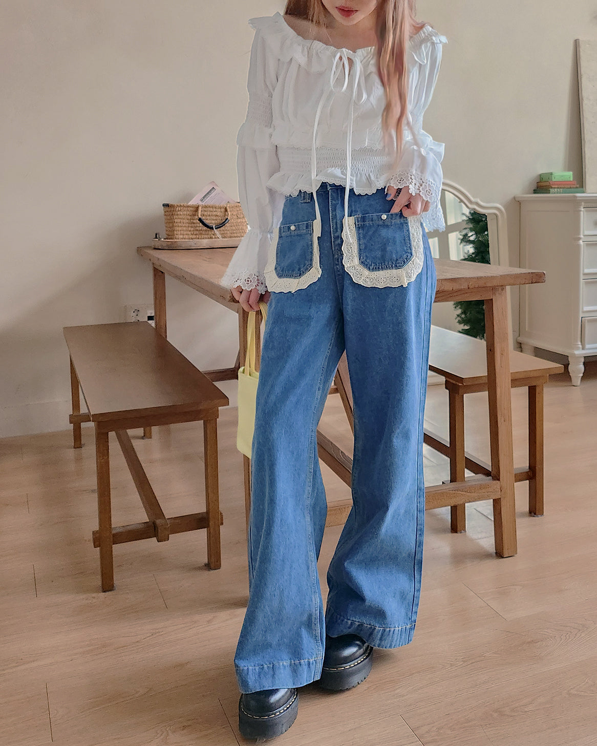 off shoulder shirring flared sleeves blouse