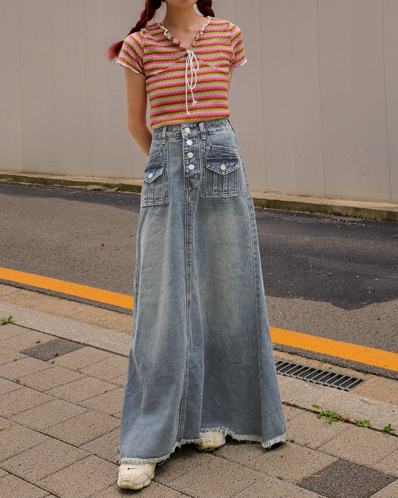 pocket fringe denim long skirt