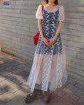 puff sleeve sheer lace long dress