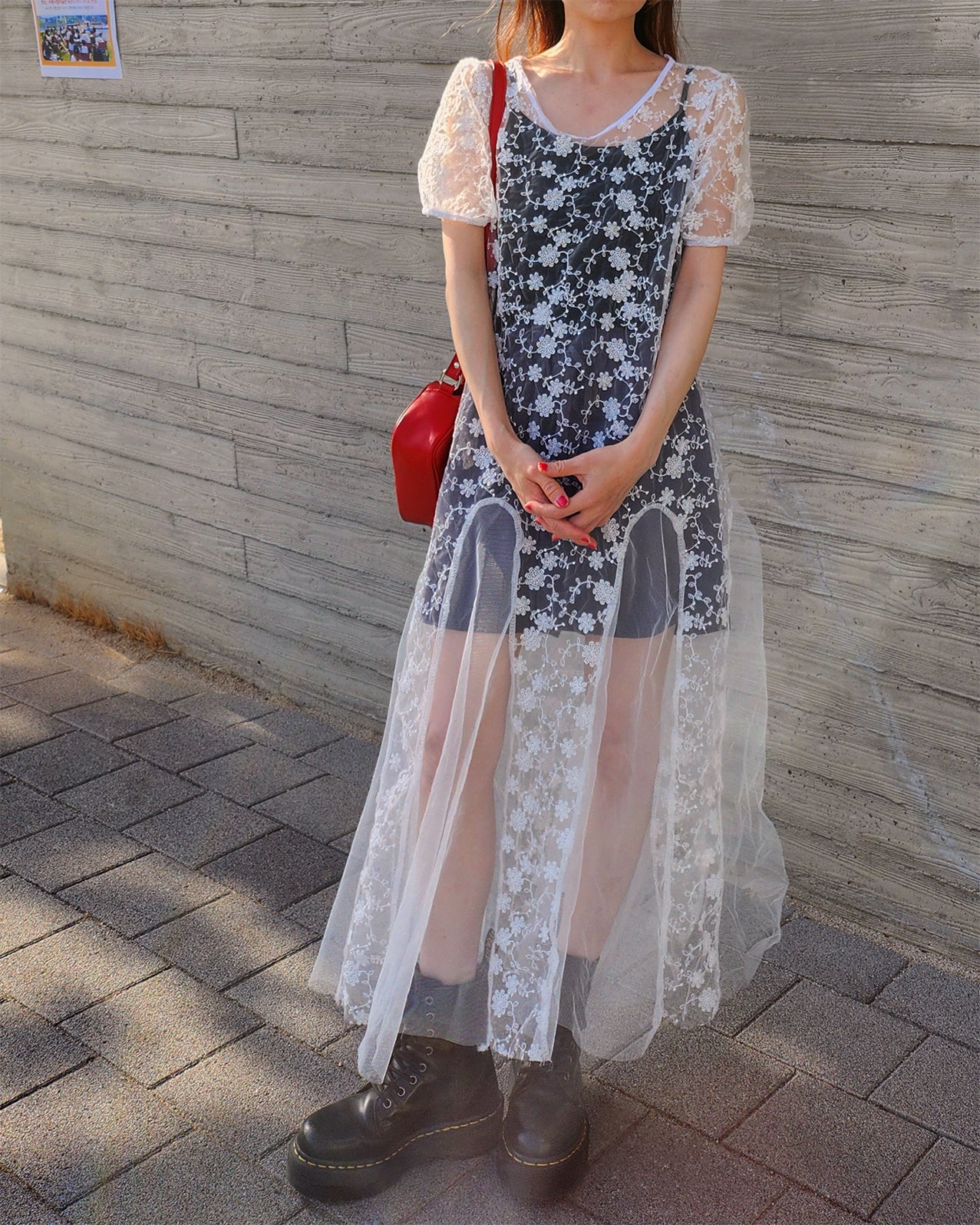 puff sleeve sheer lace long dress