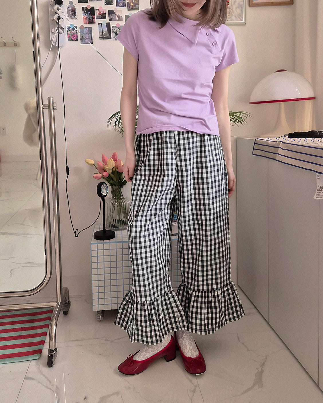 gingham check hem frill pants