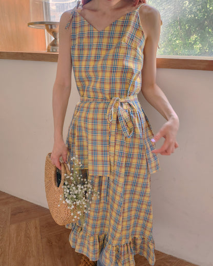 check frill belt long dress