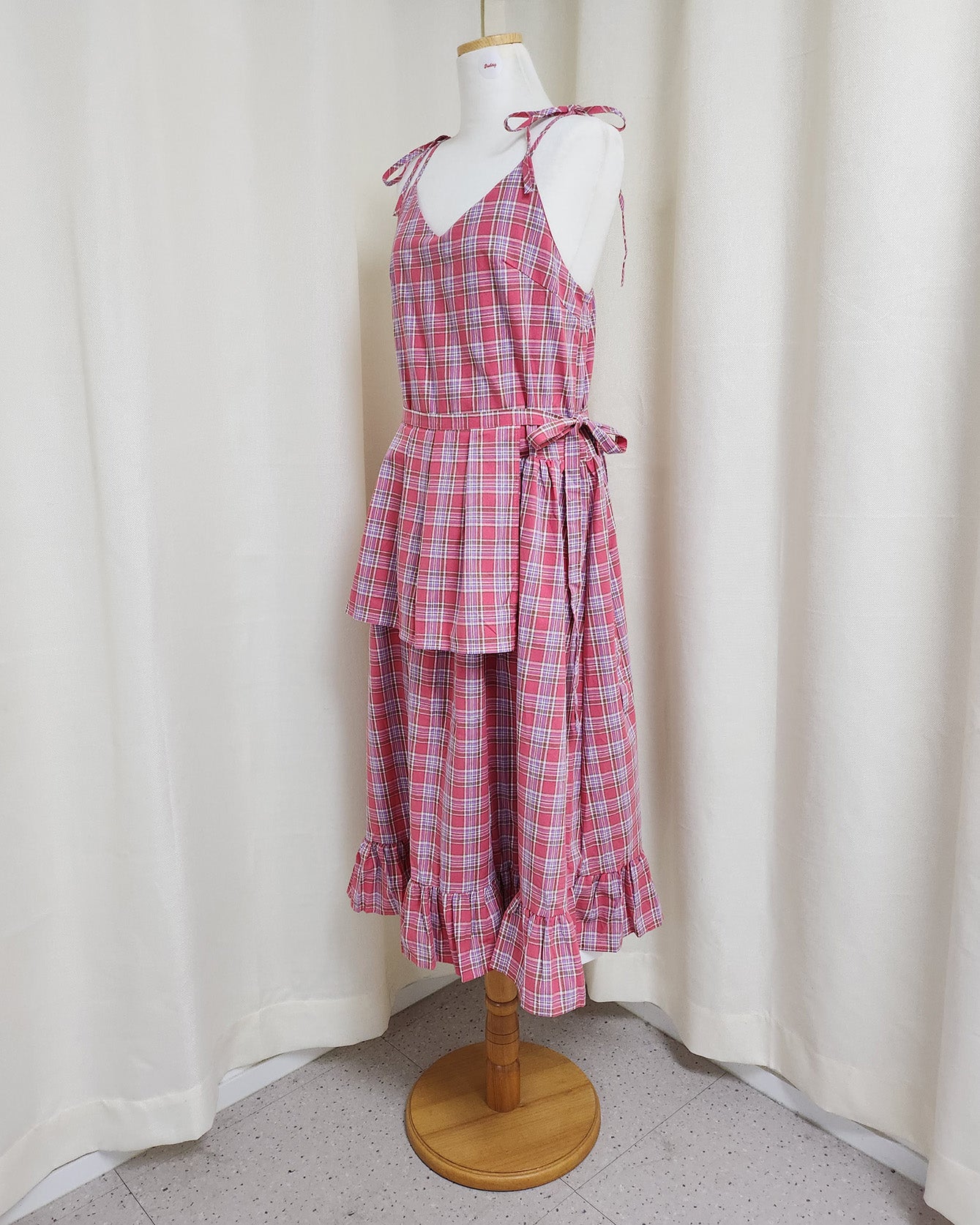 check frill belt long dress