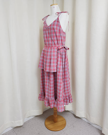 check frill belt long dress