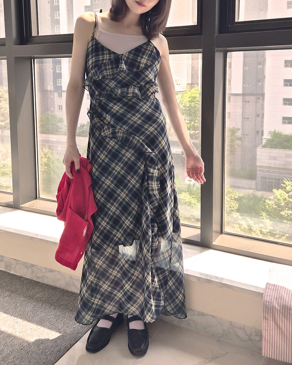 check frill long dress