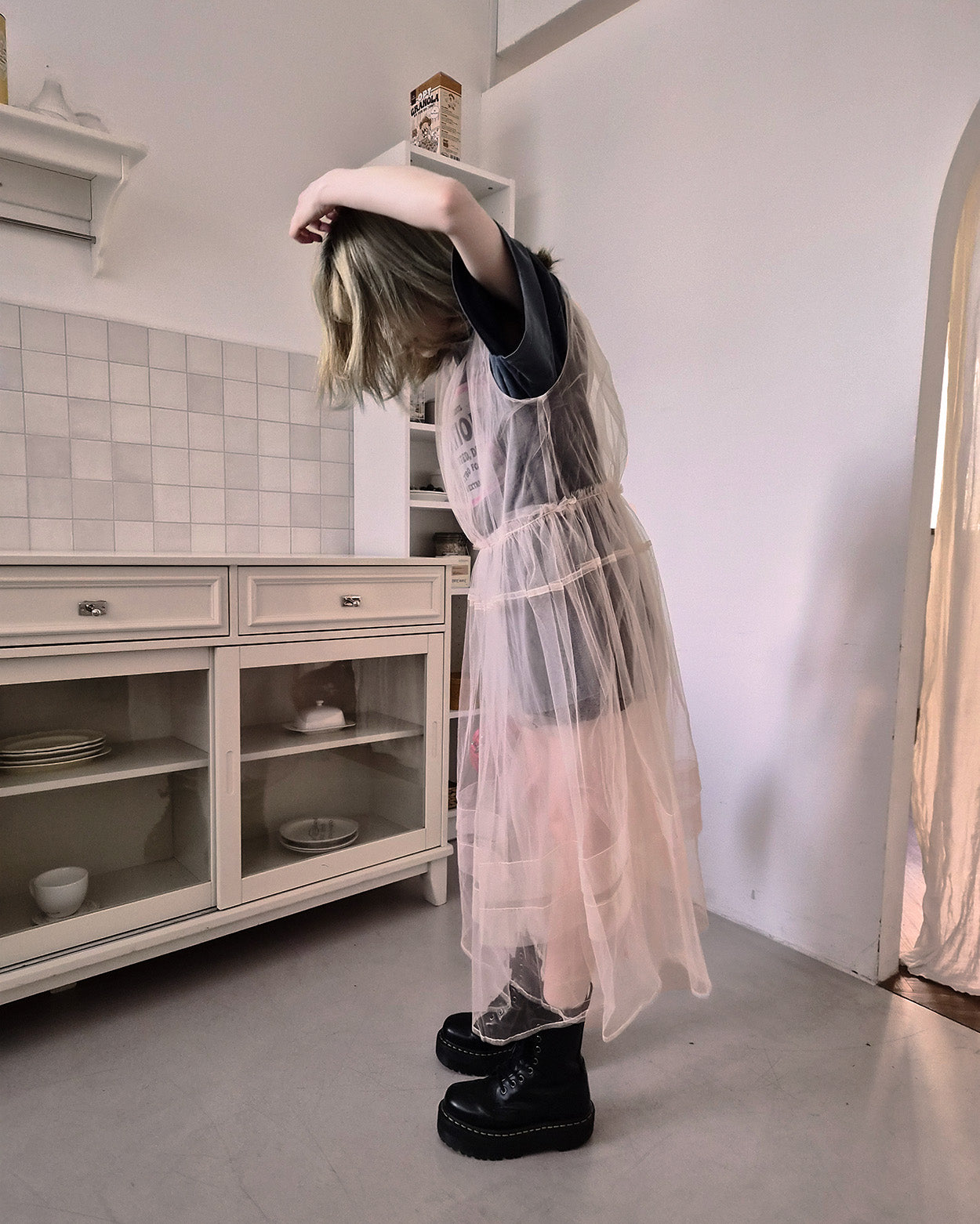 sheer layered waist frill tulle dress
