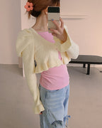 short puff sleeve frill knit cardigan