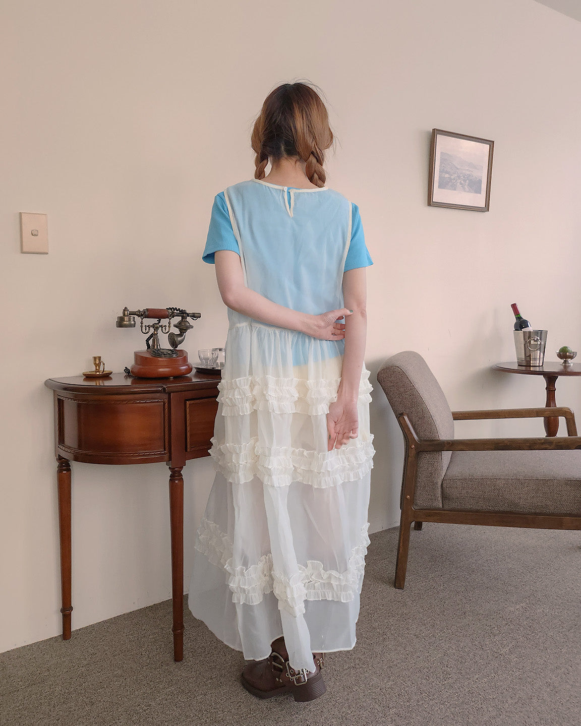 tiered frill sheer long dress