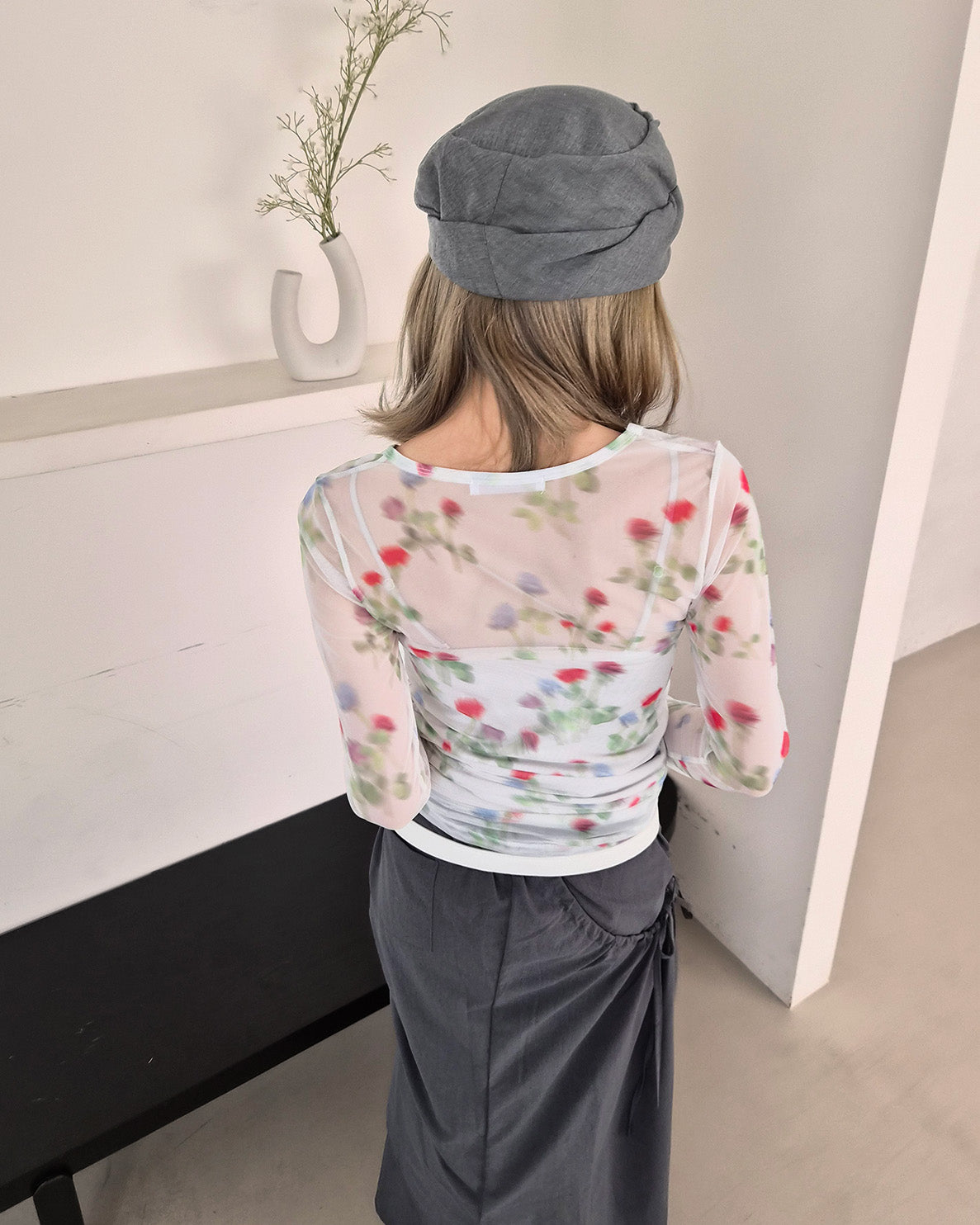 blurred flower sheer long sleeve T