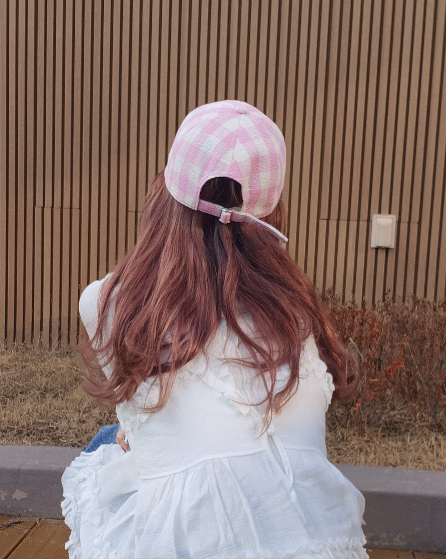 gingham check ribbon embroidery cap