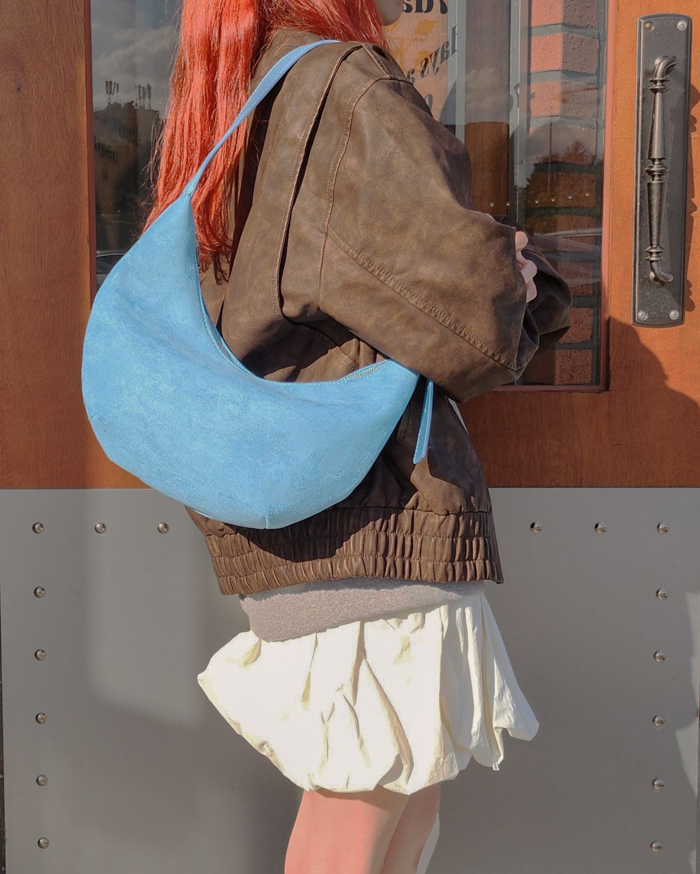 faux suede half moon bag