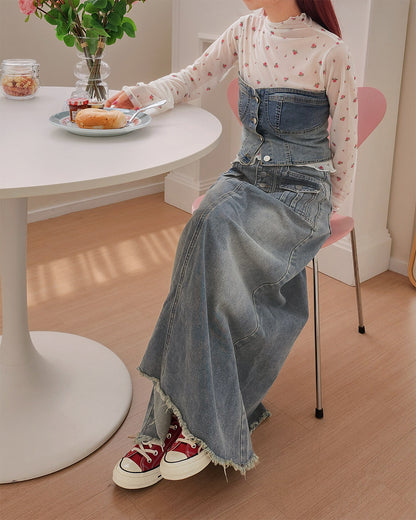 pocket fringe denim long skirt