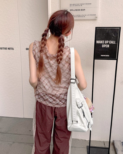 sheer check sleeve less top