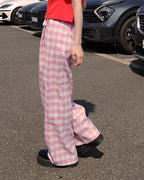 gingham check waist tuck wide pants
