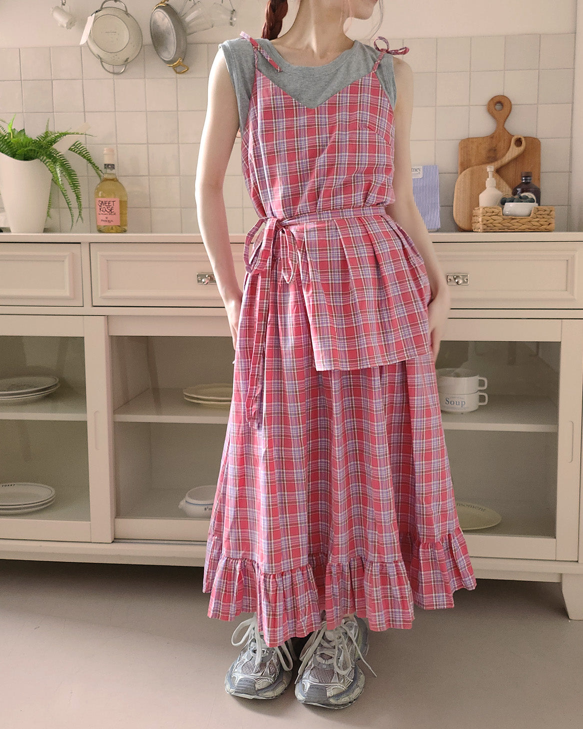 check frill belt long dress