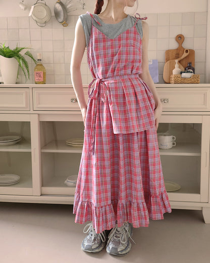 check frill belt long dress