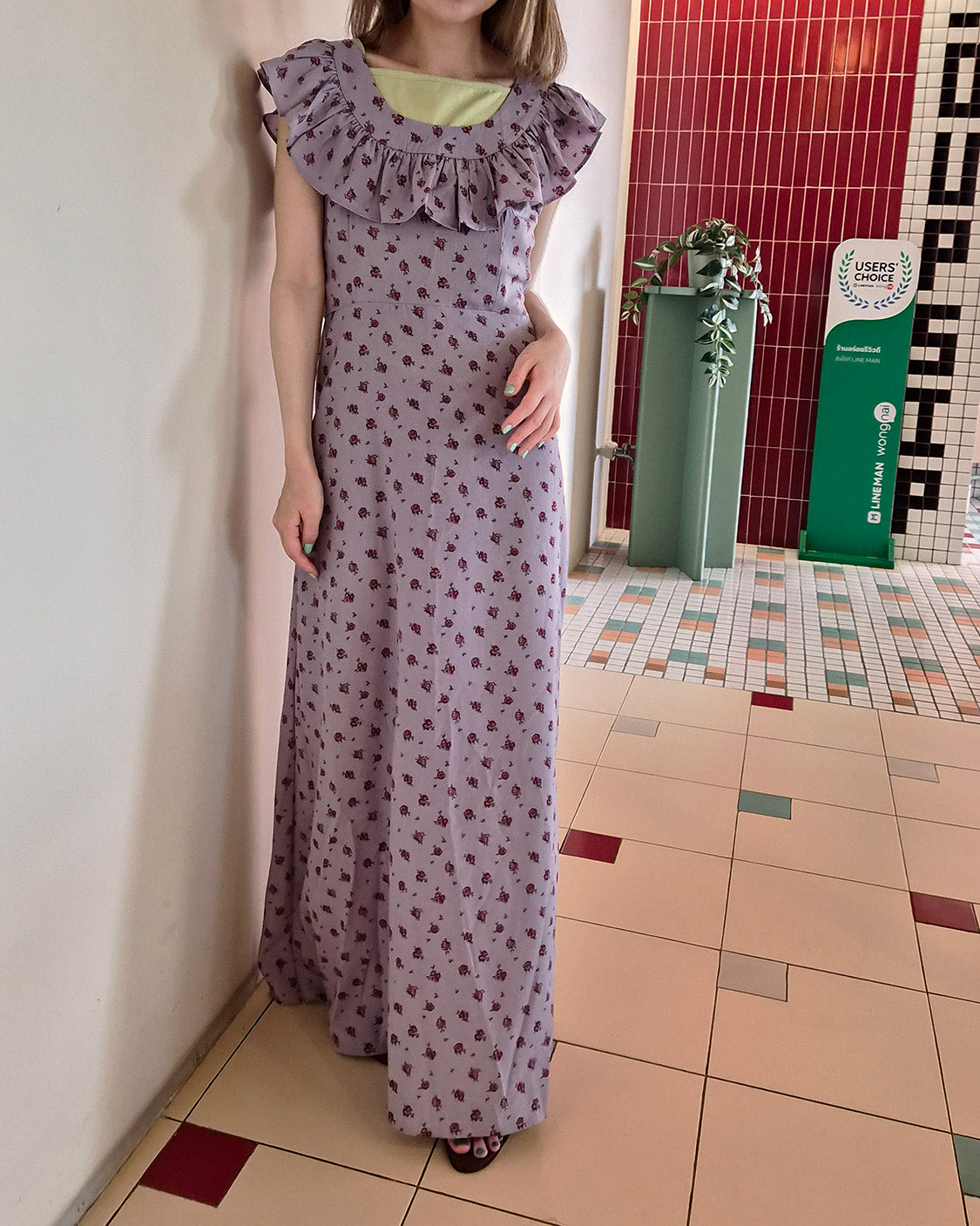 rose pattern frill long dress