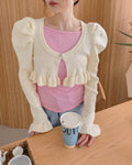 short puff sleeve frill knit cardigan