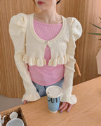 short puff sleeve frill knit cardigan