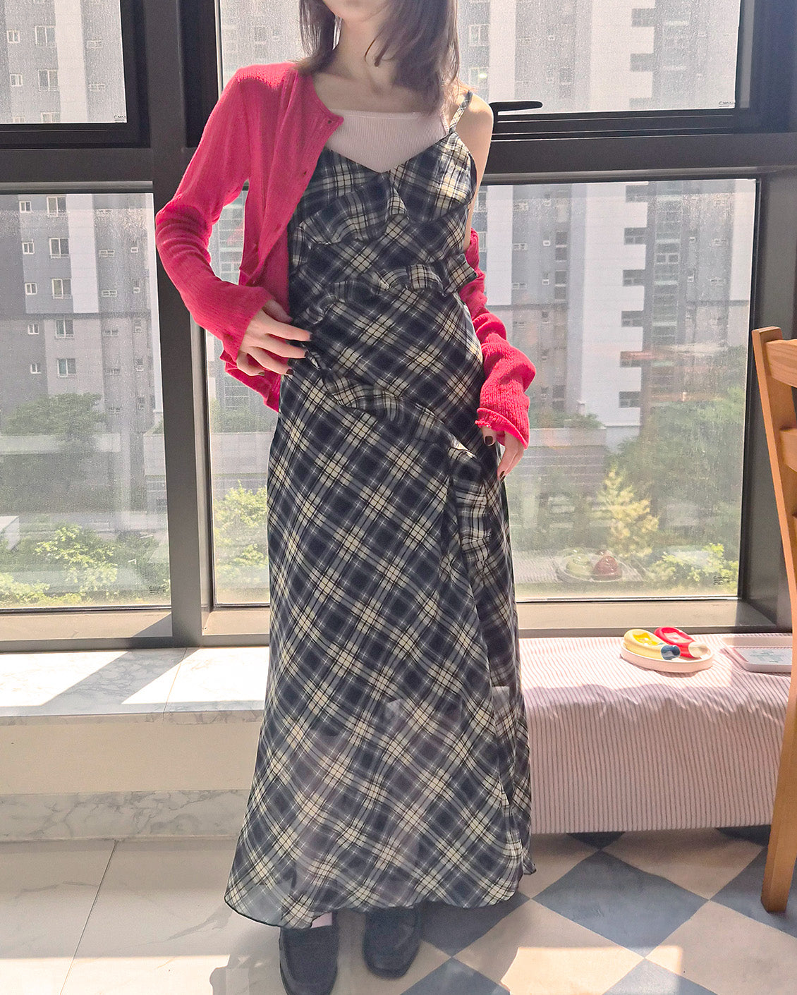 check frill long dress