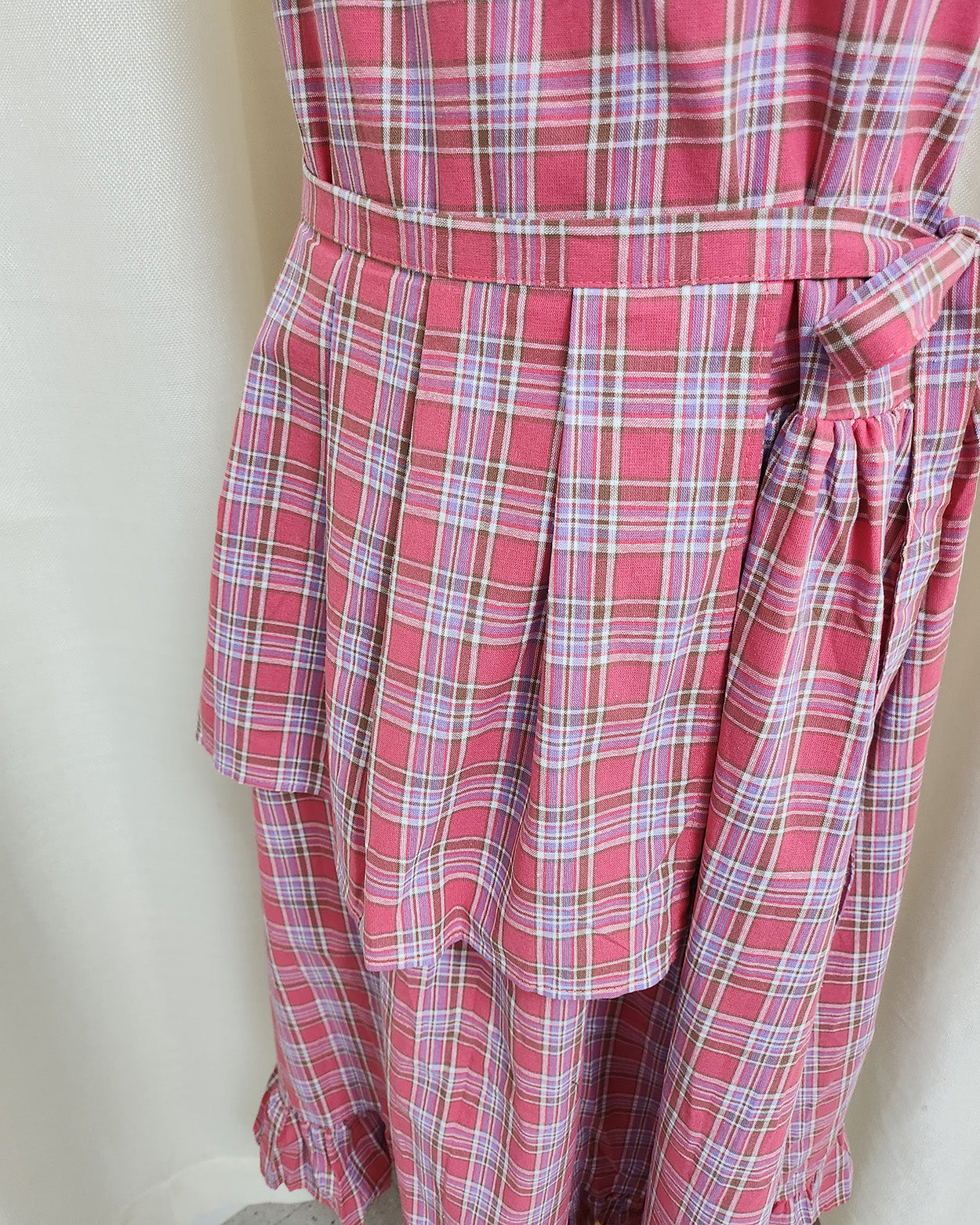check frill belt long dress