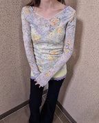 blurred rose V neck long sleeve top
