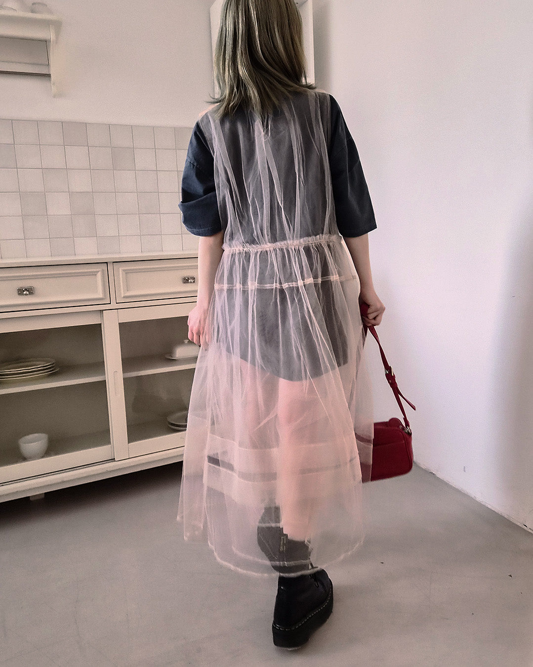 sheer layered waist frill tulle dress