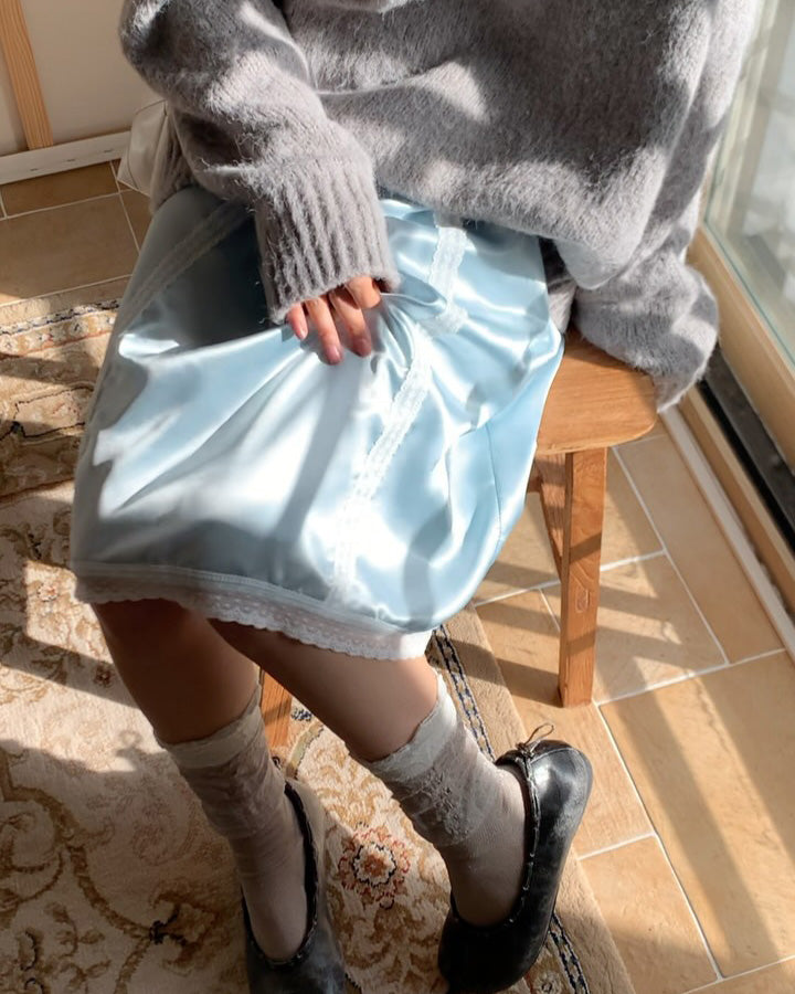 satin lace point midi skirt
