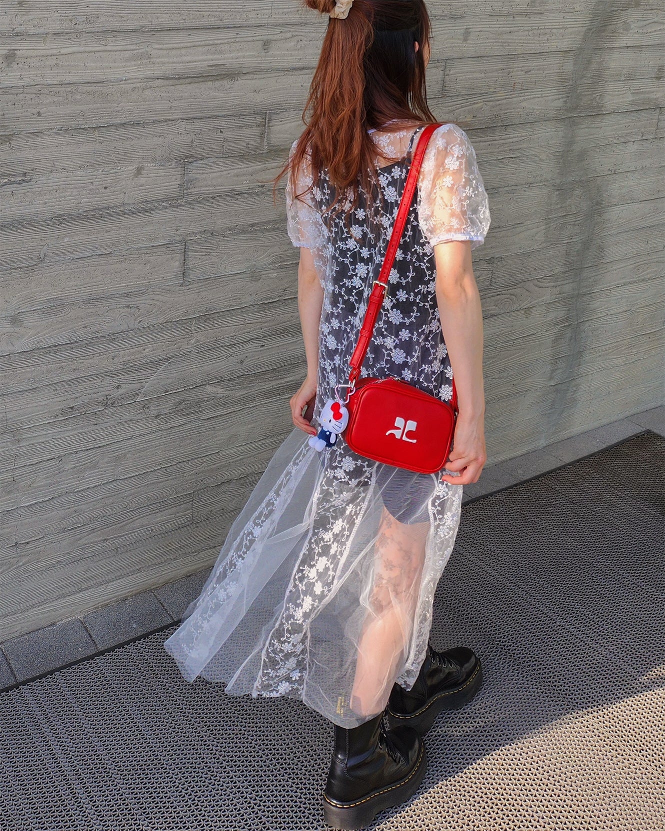 puff sleeve sheer lace long dress