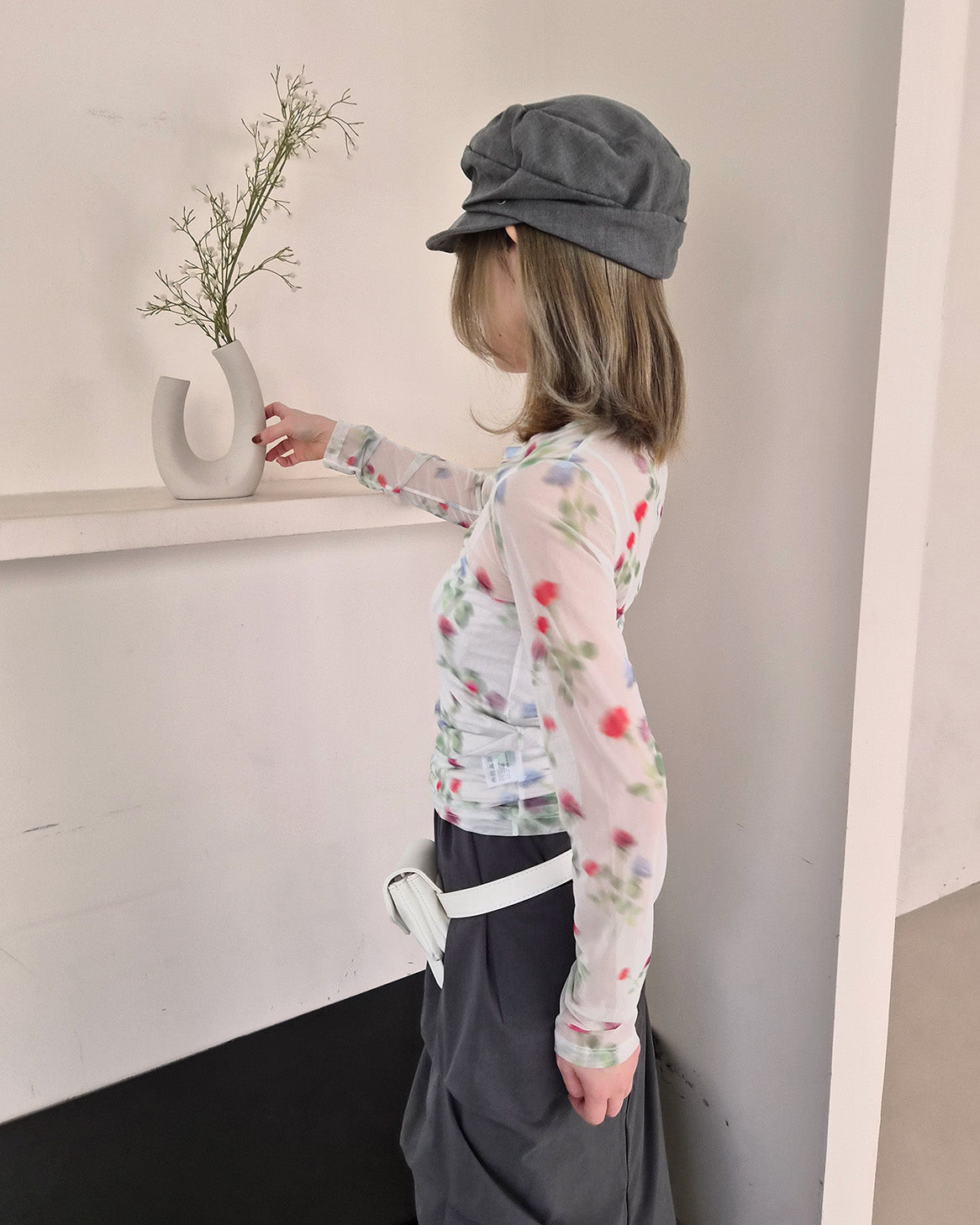 blurred flower sheer long sleeve T
