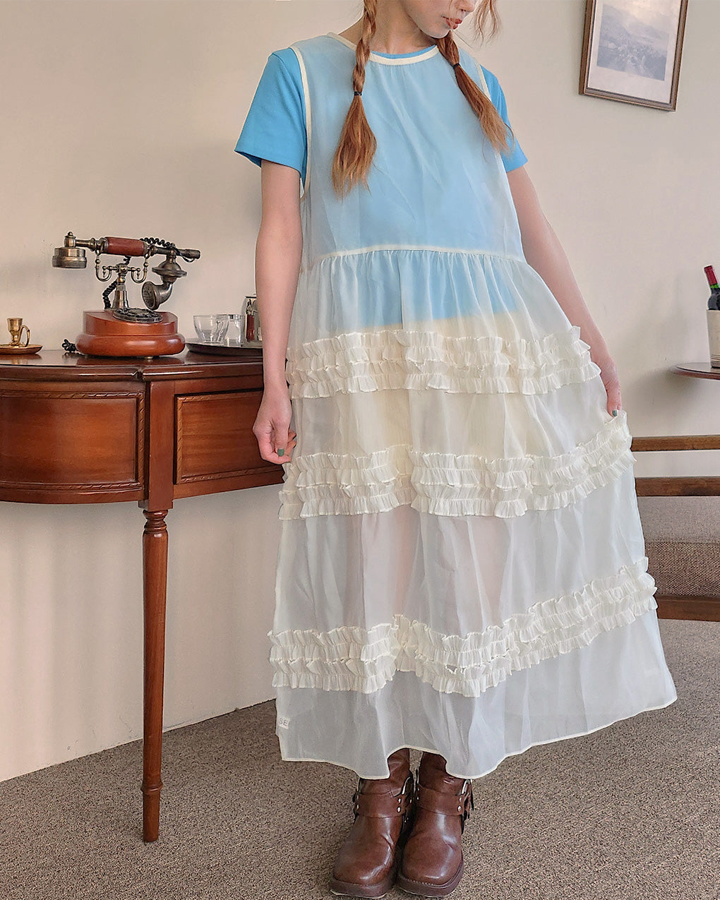 tiered frill sheer long dress
