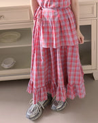 check frill belt long dress