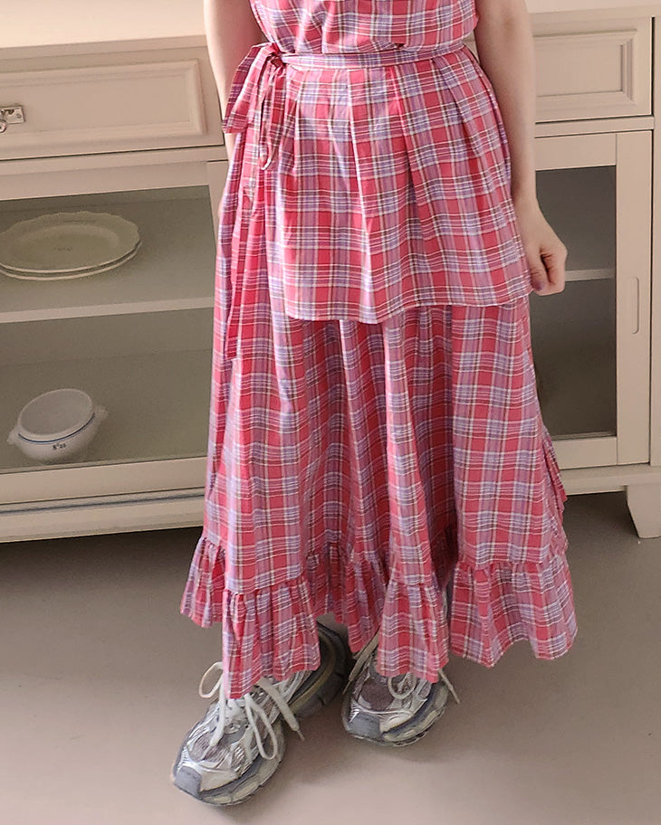 check frill belt long dress