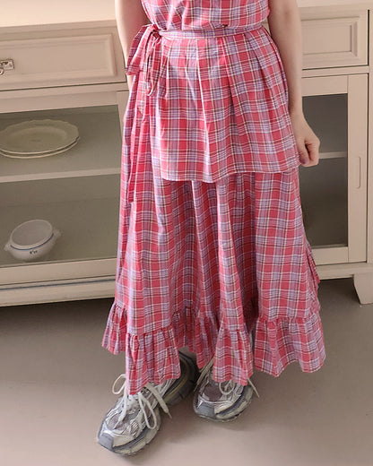 check frill belt long dress