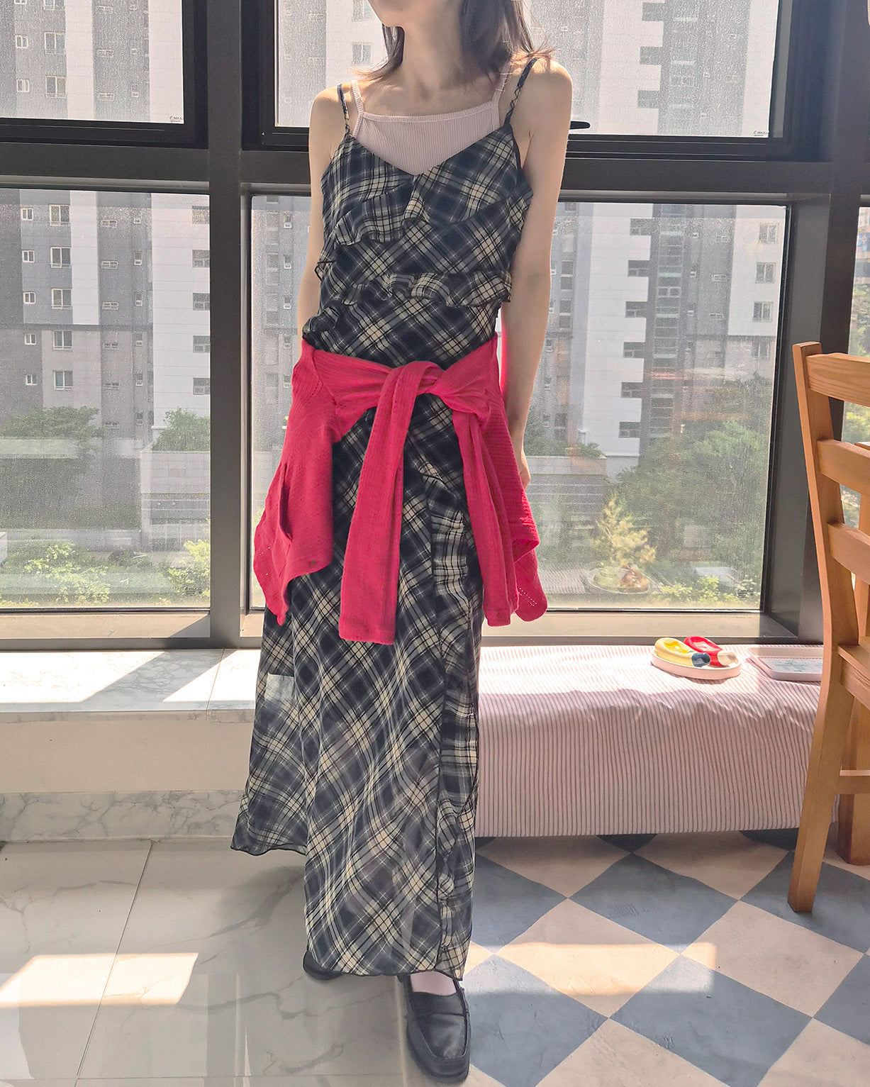 check frill long dress
