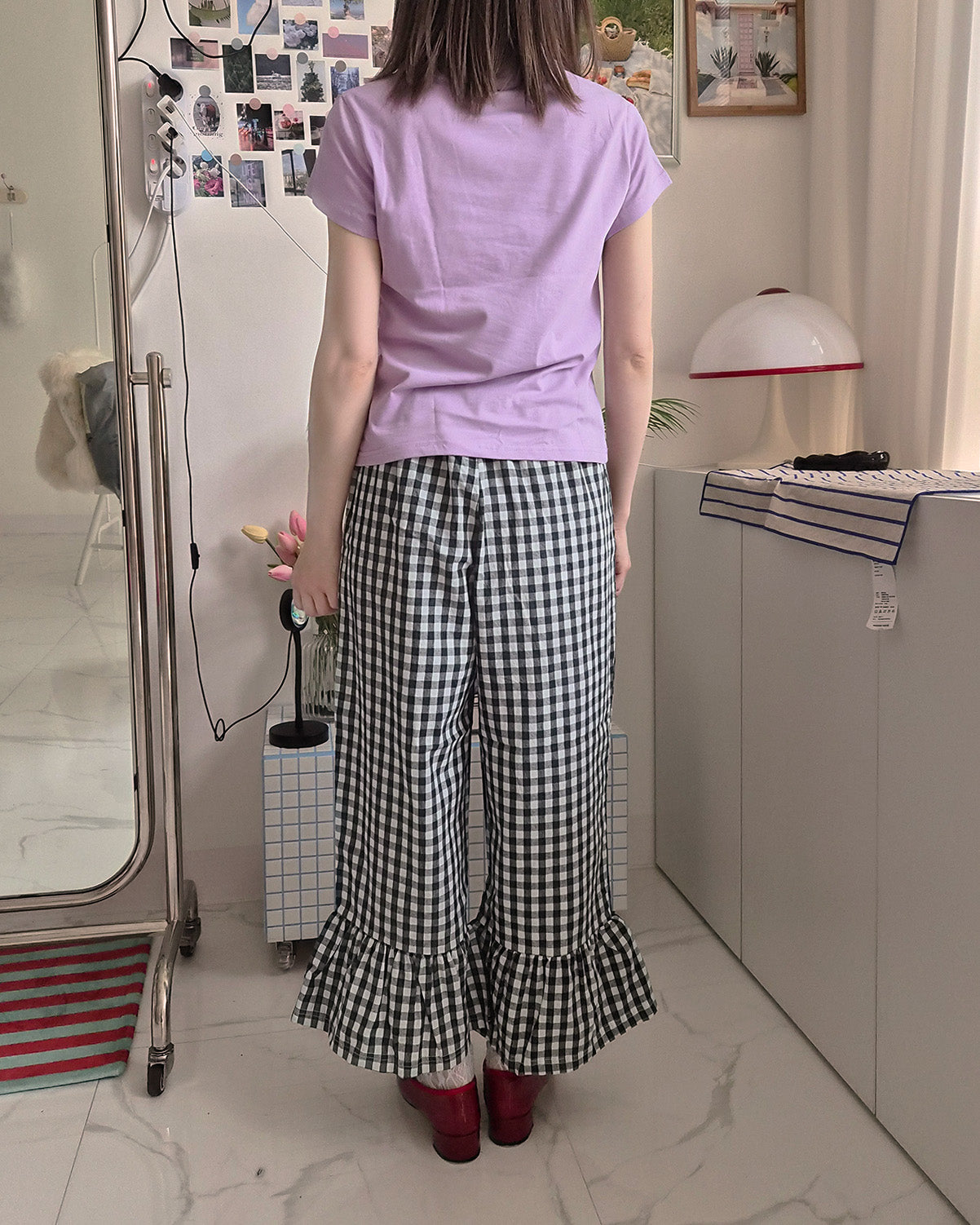 gingham check hem frill pants