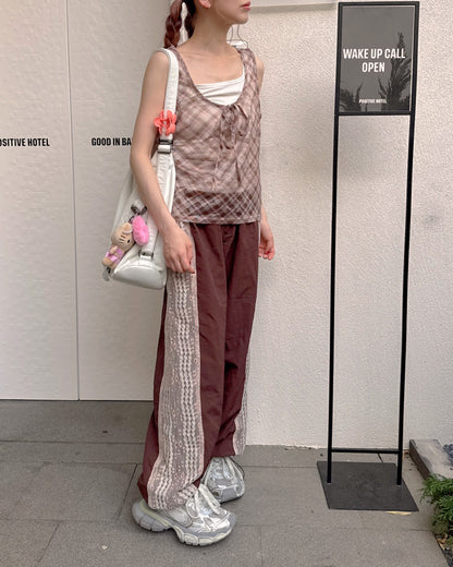 sheer check sleeve less top