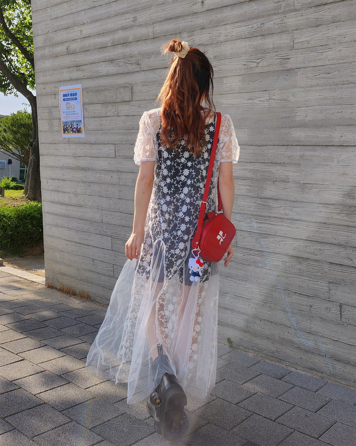 puff sleeve sheer lace long dress