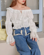 off shoulder shirring flared sleeves blouse