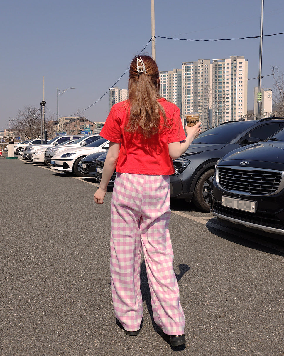 gingham check waist tuck wide pants
