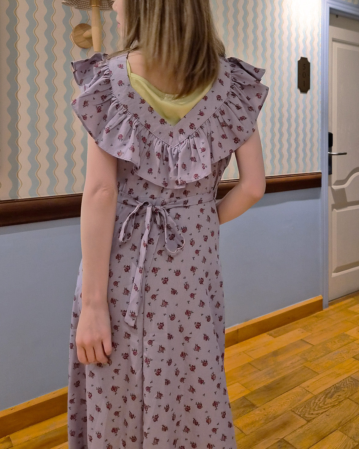 rose pattern frill long dress