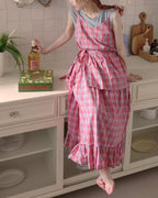 check frill belt long dress
