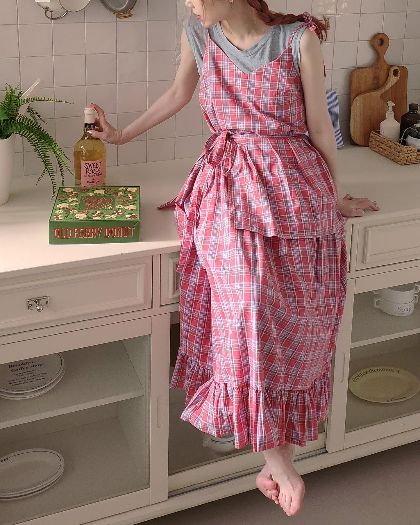 check frill belt long dress