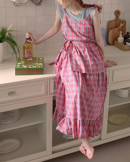 check frill belt long dress