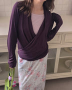 wrap drape neck long sleeve top